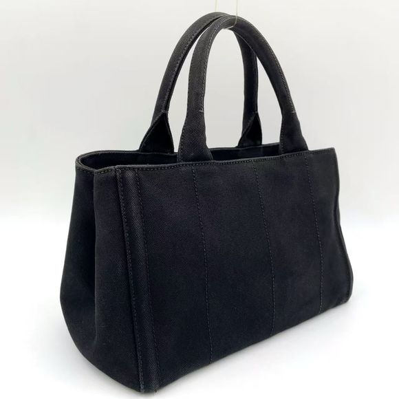 Prada Canapa Studded Triangle Plate Tote Canvas Black Handbag Gold - Picture 2 of 15